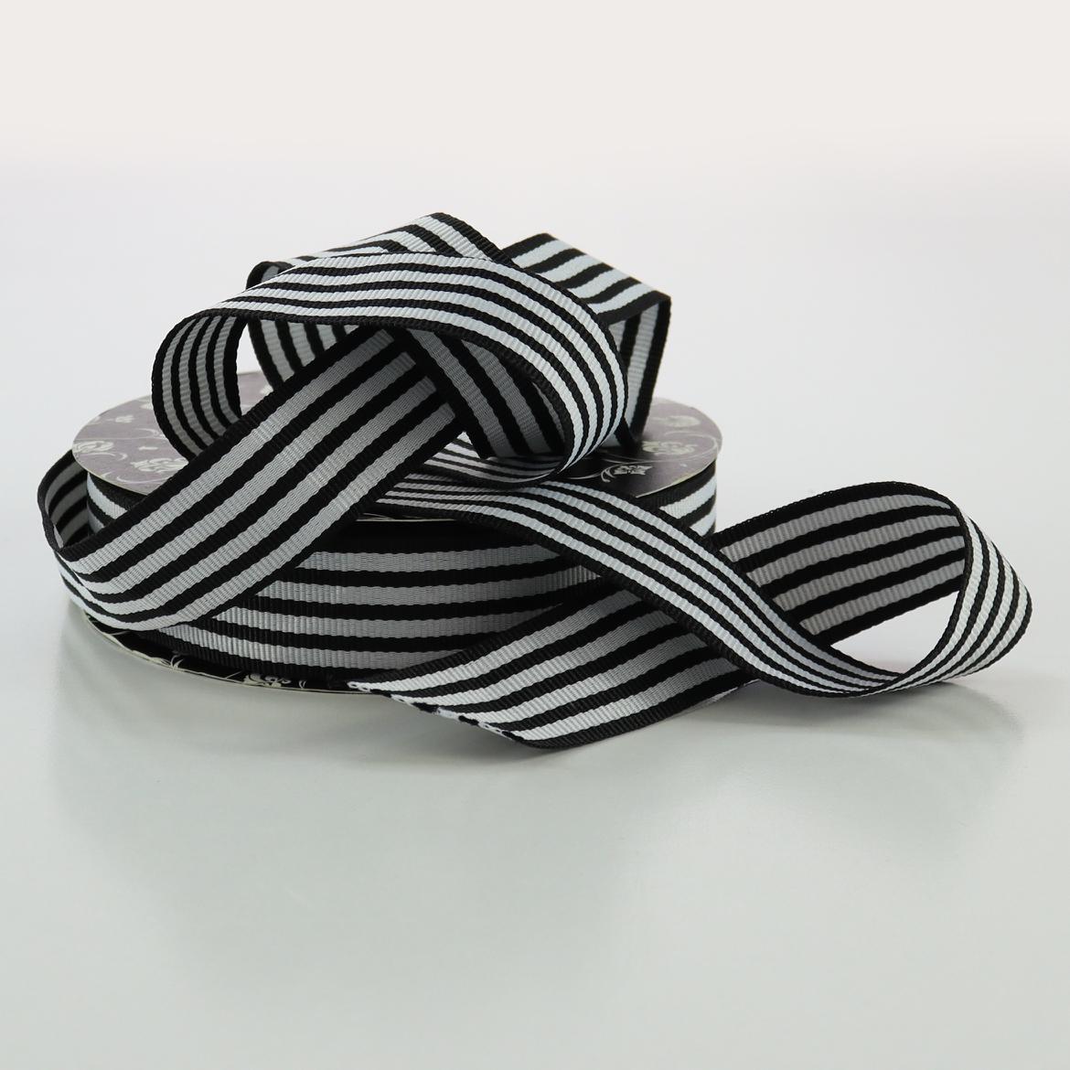 Grosgrain Ribbon 25mm x 20m - Black/White Striped