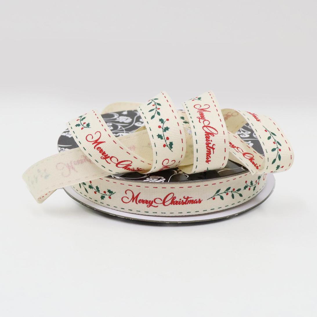 Cotton Natural Merry Christmas Ribbon 16mm x 25m