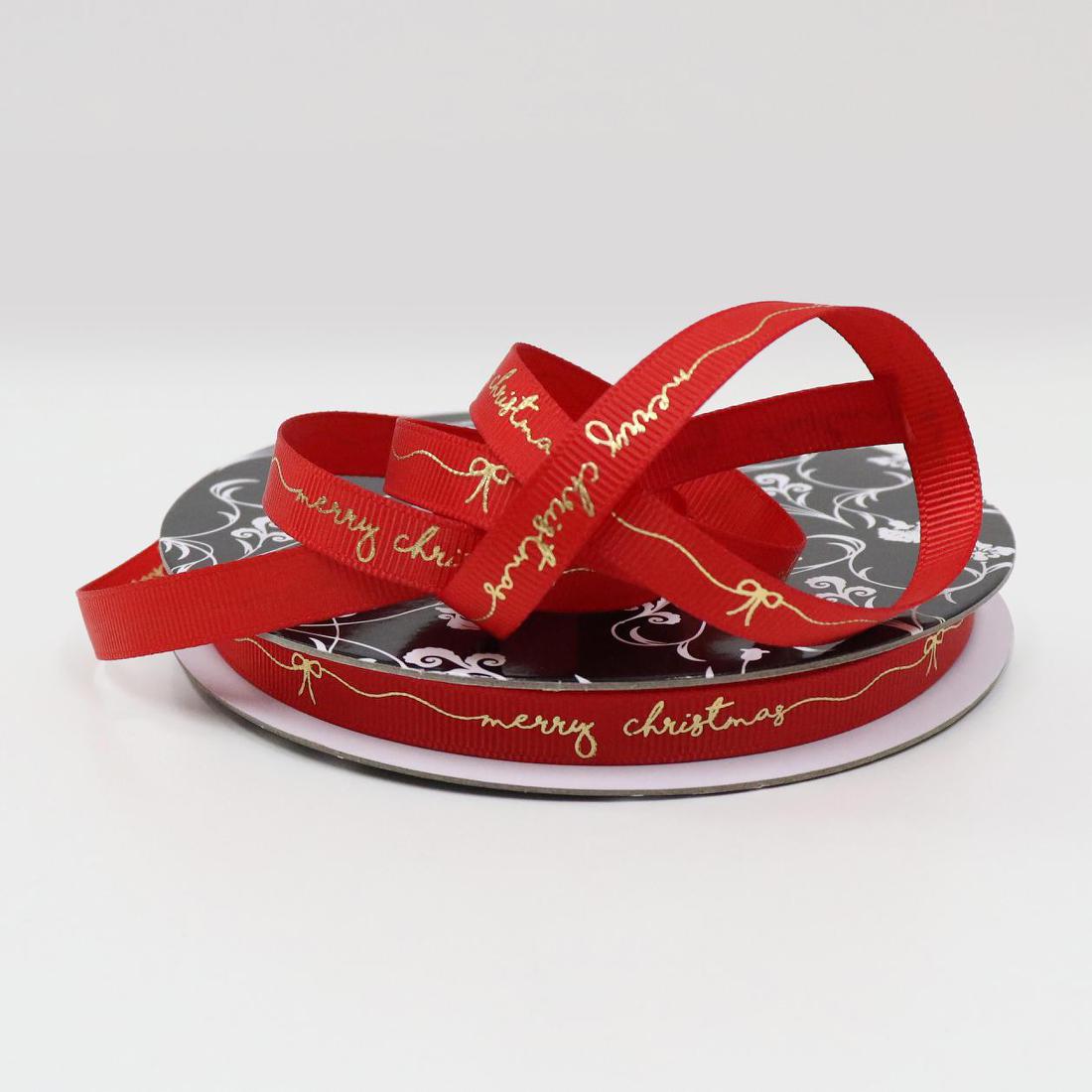 Grosgrain Ribbon 9mm x 25m - Red with Gold printed "Merry Christmas"