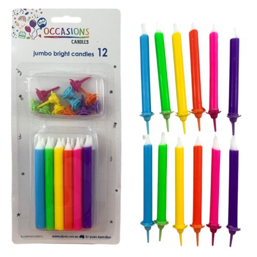 Birthday Candles with Flower Holders - Jumbo Solid Rainbow Brights