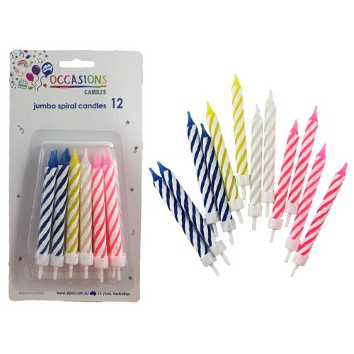 Birthday Candles with Holders - Spiral Jumbo 4 Colour