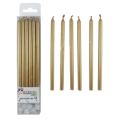 Birthday Candles with Holders - Slim 120mm Gold