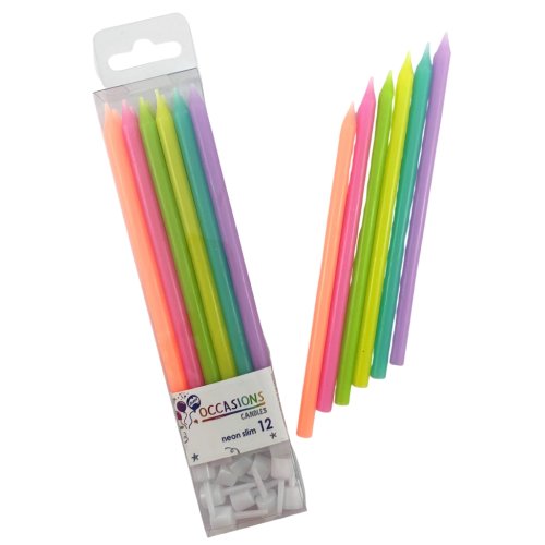 Birthday Candles with Holders - Slim 120mm Neon Brights