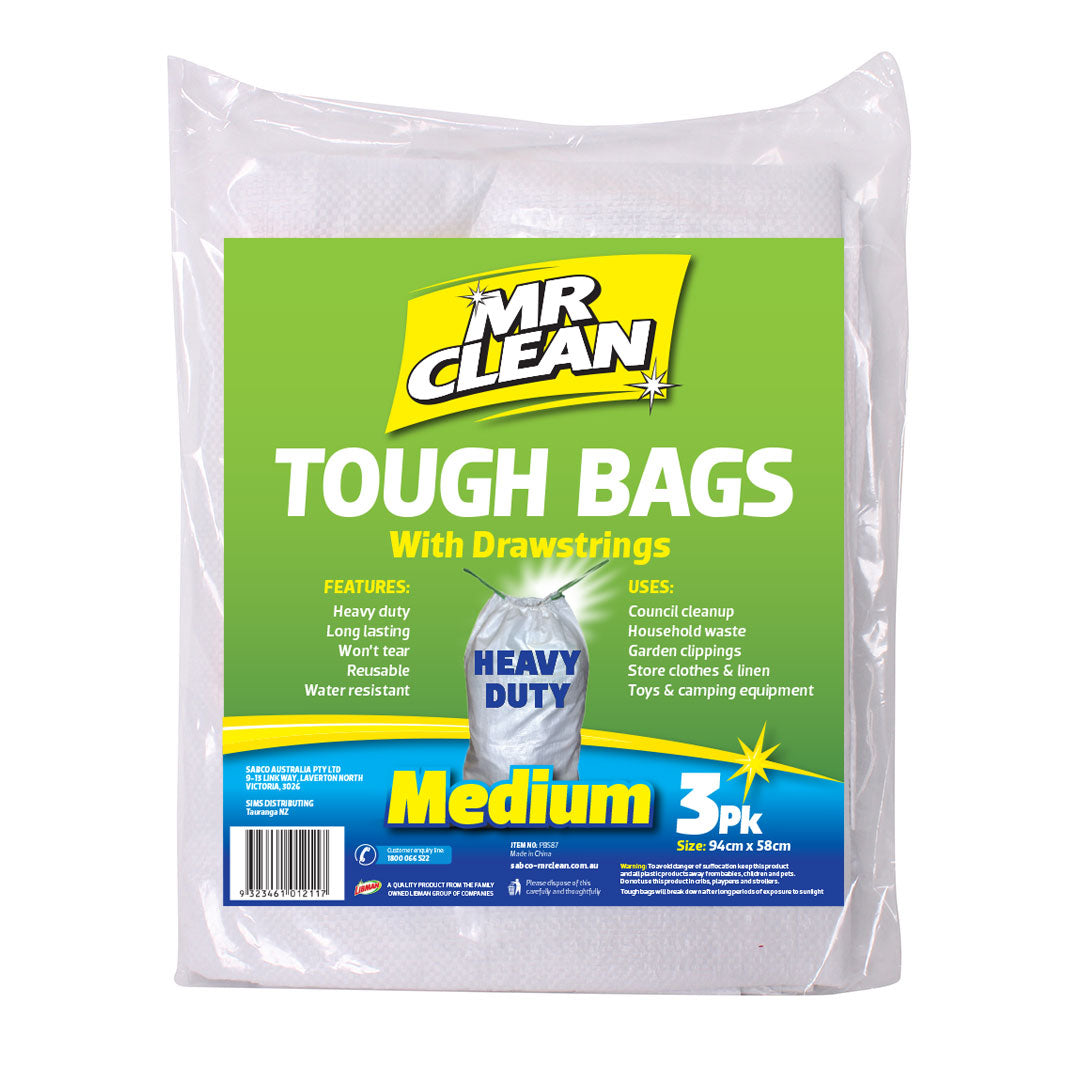 Heavy Duty Tough Bags With Drawstrings – 3PK With drawstrings for clean and easy tie Carton: 12 x 3 Pack