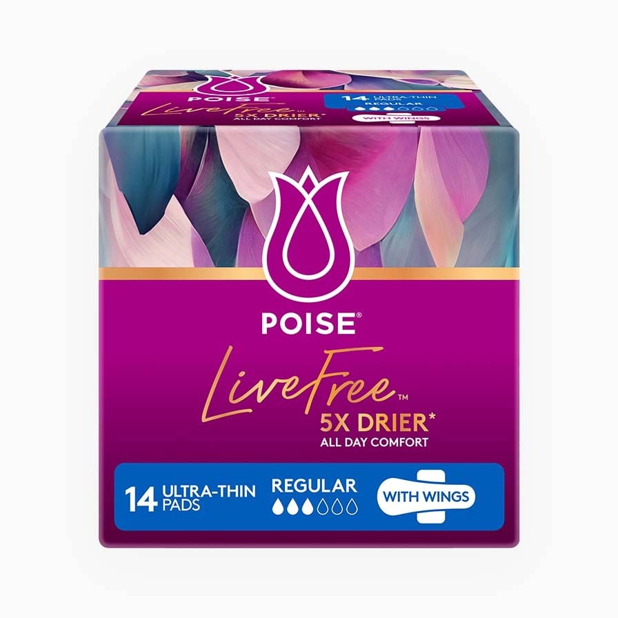 Poise® LiveFree Pad Regular with Wings - Carton: 4 Packs