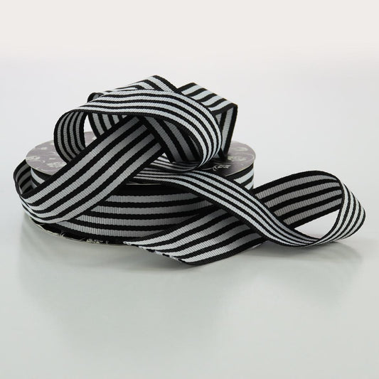 Grosgrain Ribbon 25mm x 20m - Black/White Striped