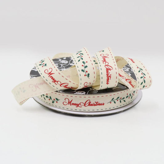 Cotton Natural Merry Christmas Ribbon 16mm x 25m