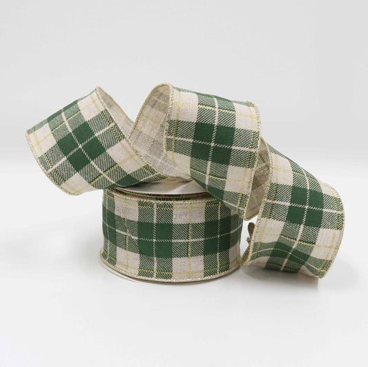 Linen Ribbon Wired Edge 63mm x 10 Yards - Gold/Green Plaid