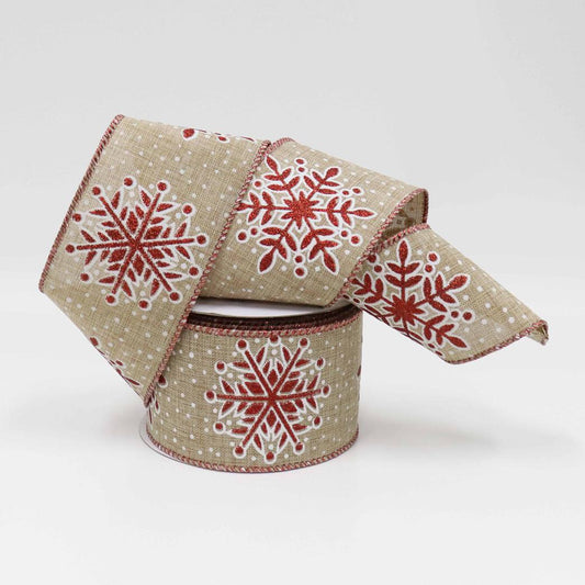 Linen Wired Ribbon 63mm x 10 Yards - Snowflake Print