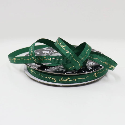 Grosgrain Ribbon 9mm x 25m - Green with Gold Printed "Merry Christmas"