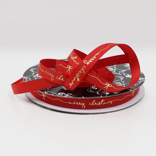 Grosgrain Ribbon 9mm x 25m - Red with Gold printed "Merry Christmas"