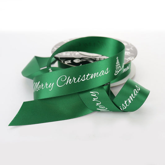 Satin Ribbon Double Sided 25mm x 25m - Green with Gold Embossed " Merry Christmas"