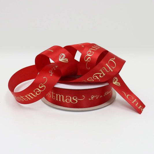 Satin Ribbon Double Sided 25mm x 25m - Red with Gold Embossed "Merry Christmas"