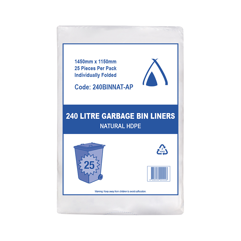 HDPE 240L Natural Bin Liner All Purpose 1450(L) x 1150(W) mm Carton: 200