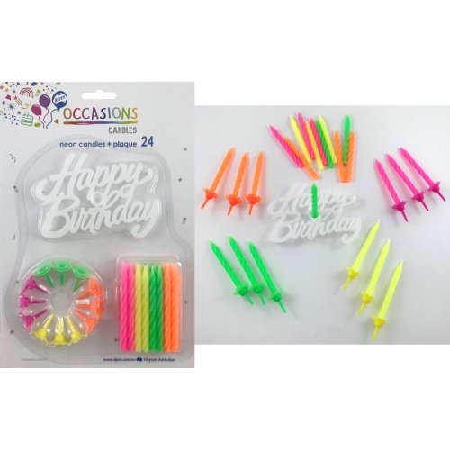 Birthday Candles with Holders - Neon 4 Colour with " Happy Birthday" Plaque
