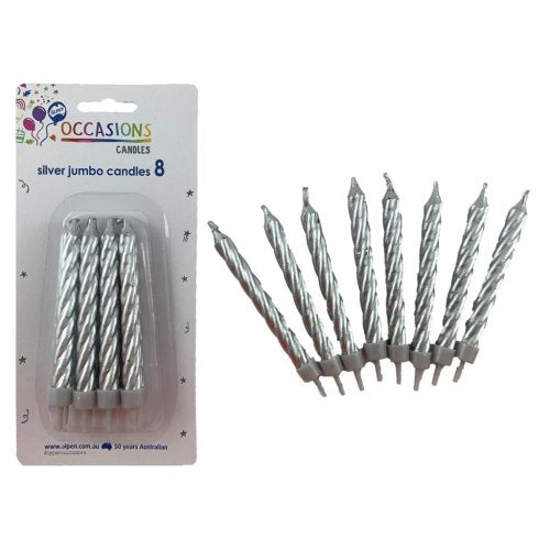 Birthday Candles with Holders - Spiral Jumbo Silver