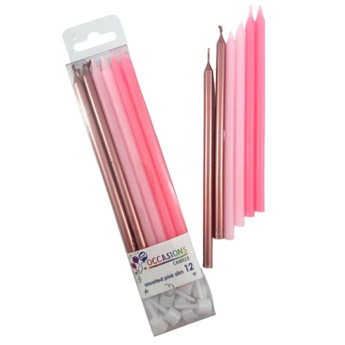 Birthday Candles with Holders - Slim 120mm Pinks & Metallic