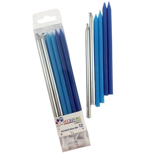 Birthday Candles with Holders - Slim 120mm Blues & Metallic