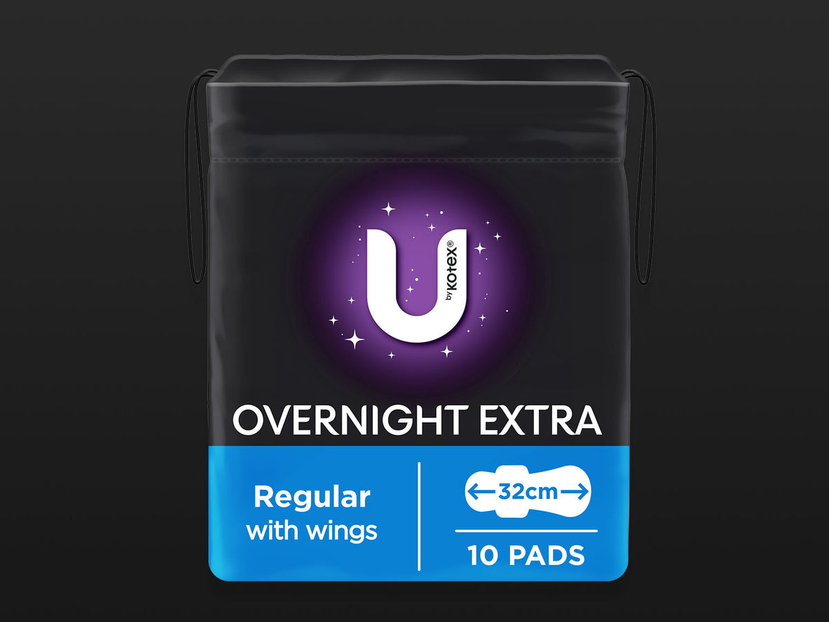 U by Kotex® Overnight Extra Regular Pads with Wings - Carton: 6 Packs